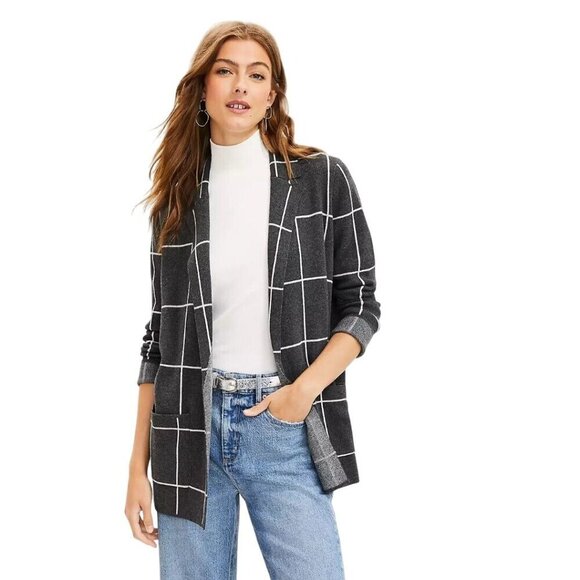 Loft Navy Windowpane Relaxed Sweater Blazer Open Front Pockets Sustainable S - Picture 1 of 7